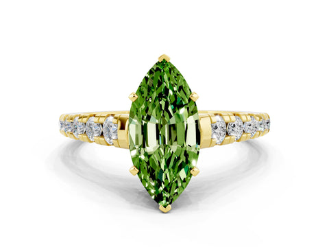 Yellow gold Marquise Cut Peridot Solitaire Ring with Cathedral Setting and Pavé Band