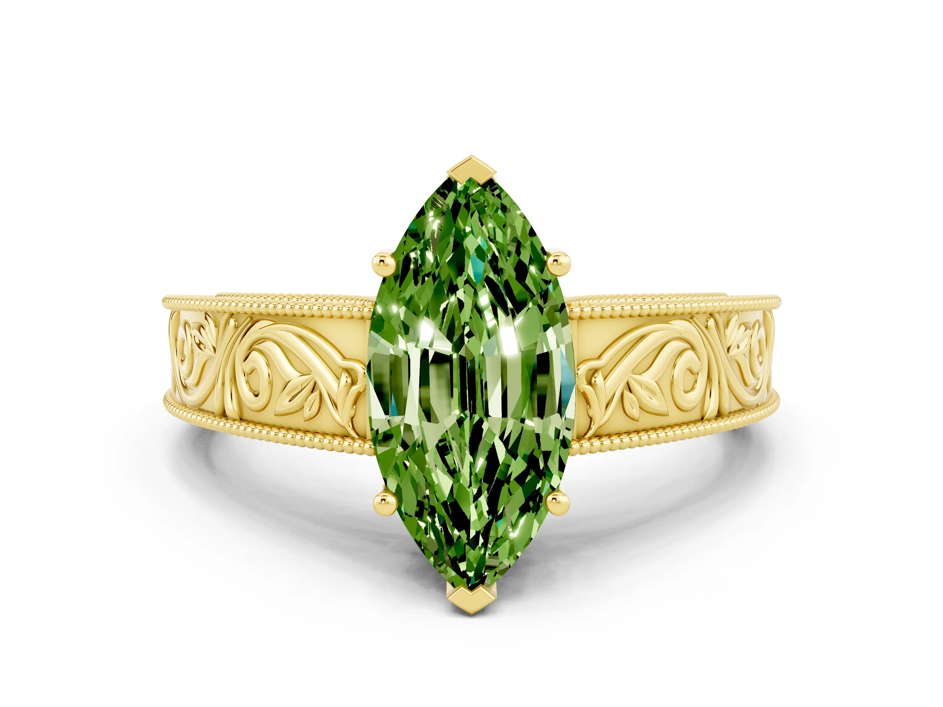 Yellow gold Marquise Cut Peridot Solitaire Ring with Engraved Band and Four-Prong Setting