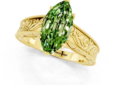 Yellow gold Marquise Cut Peridot Solitaire Ring with Engraved Band and Four-Prong Setting_1