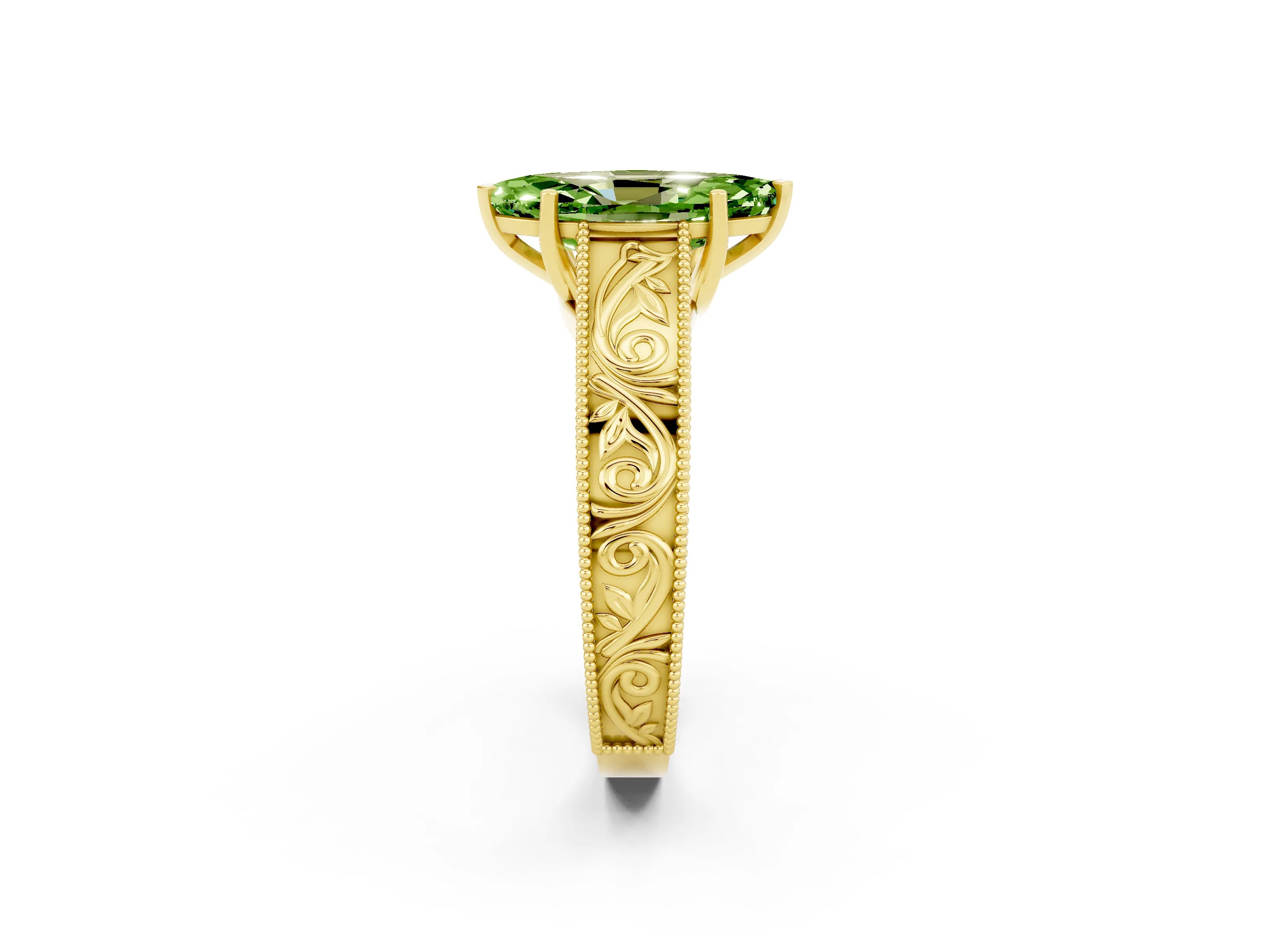 Yellow gold Marquise Cut Peridot Solitaire Ring with Engraved Band and Four-Prong Setting_2