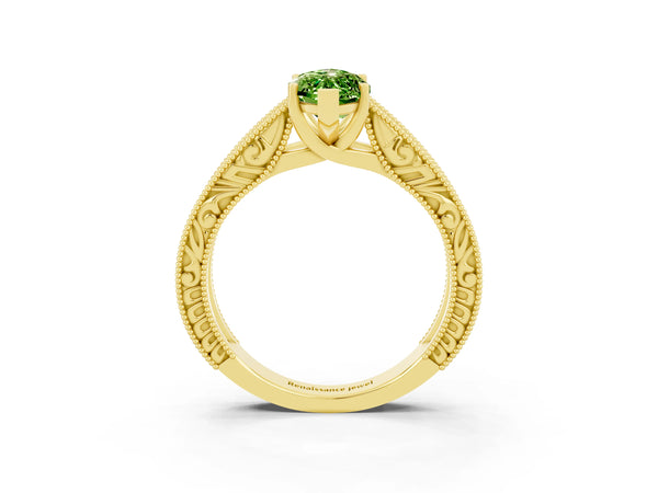 Yellow gold Marquise Cut Peridot Solitaire Ring with Engraved Band and Four-Prong Setting