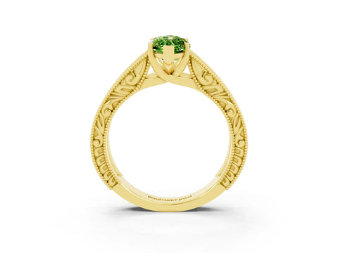 Yellow gold Marquise Cut Peridot Solitaire Ring with Engraved Band and Four-Prong Setting_3