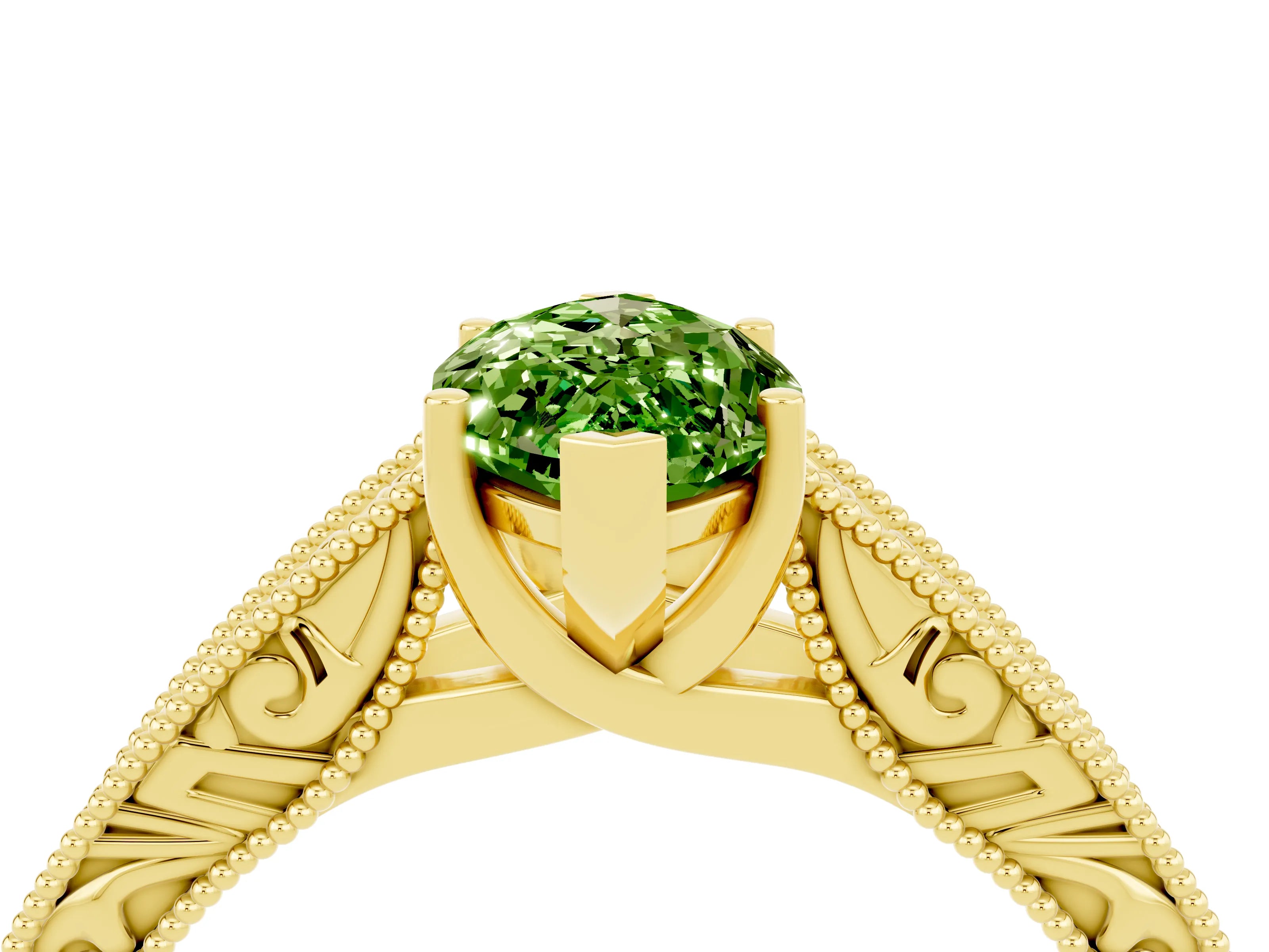 Yellow gold Marquise Cut Peridot Solitaire Ring with Engraved Band and Four-Prong Setting_4