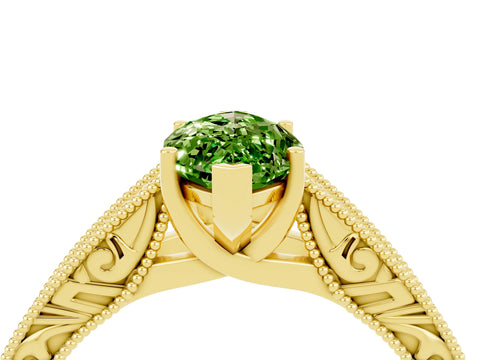 Yellow gold Marquise Cut Peridot Solitaire Ring with Engraved Band and Four-Prong Setting_4