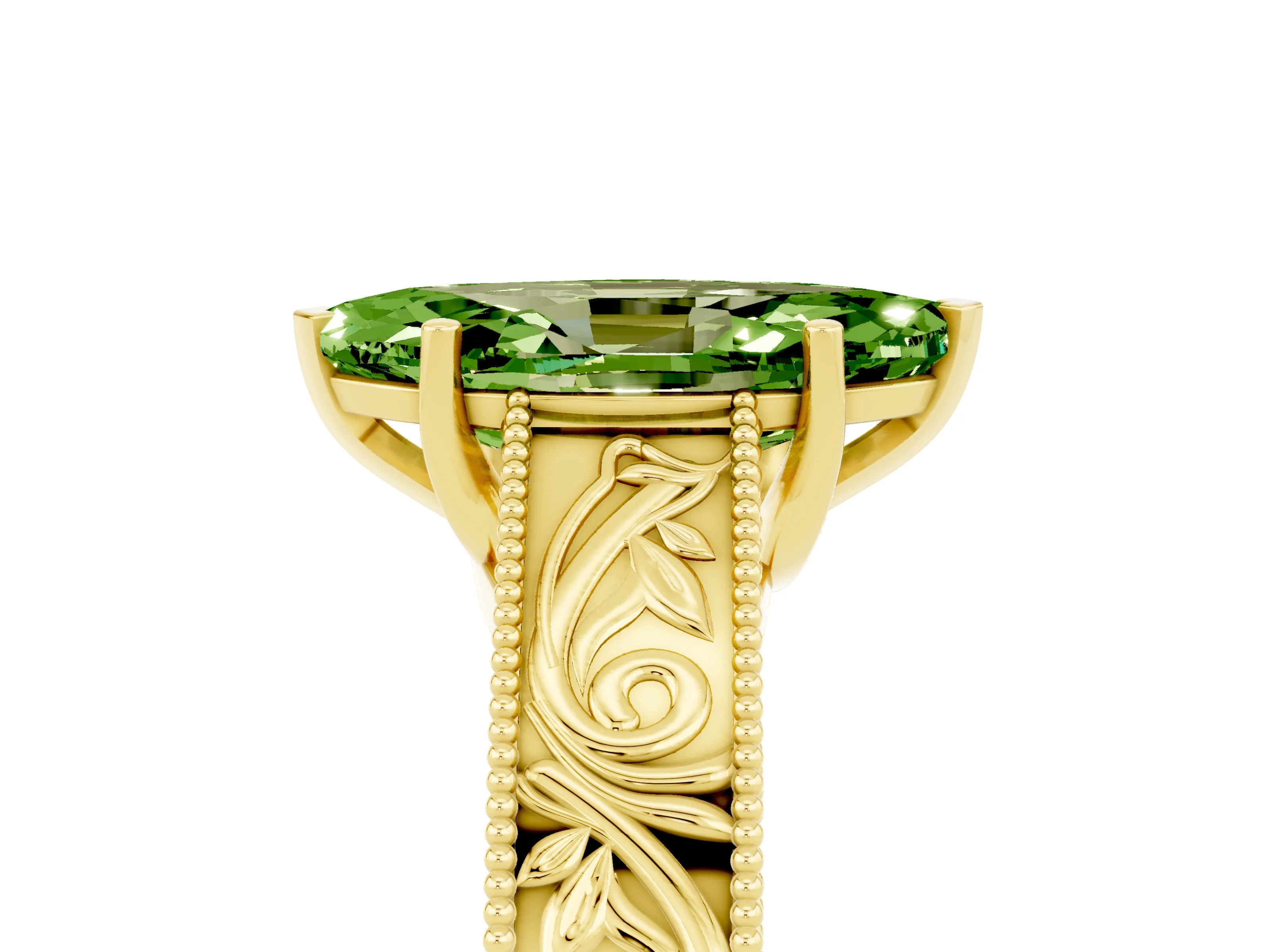 Yellow gold Marquise Cut Peridot Solitaire Ring with Engraved Band and Four-Prong Setting_5
