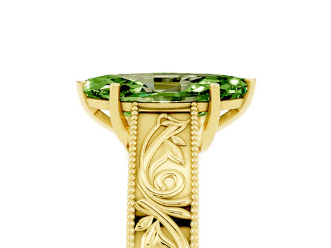 Yellow gold Marquise Cut Peridot Solitaire Ring with Engraved Band and Four-Prong Setting_5