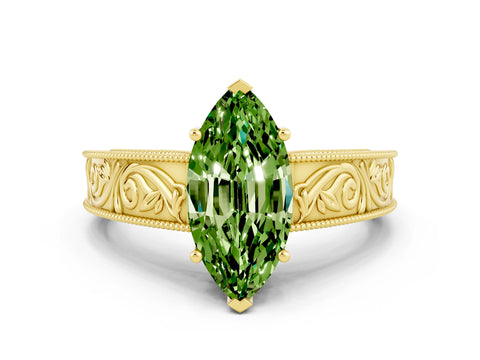 Yellow gold Marquise Cut Peridot Solitaire Ring with Engraved Band and Four-Prong Setting