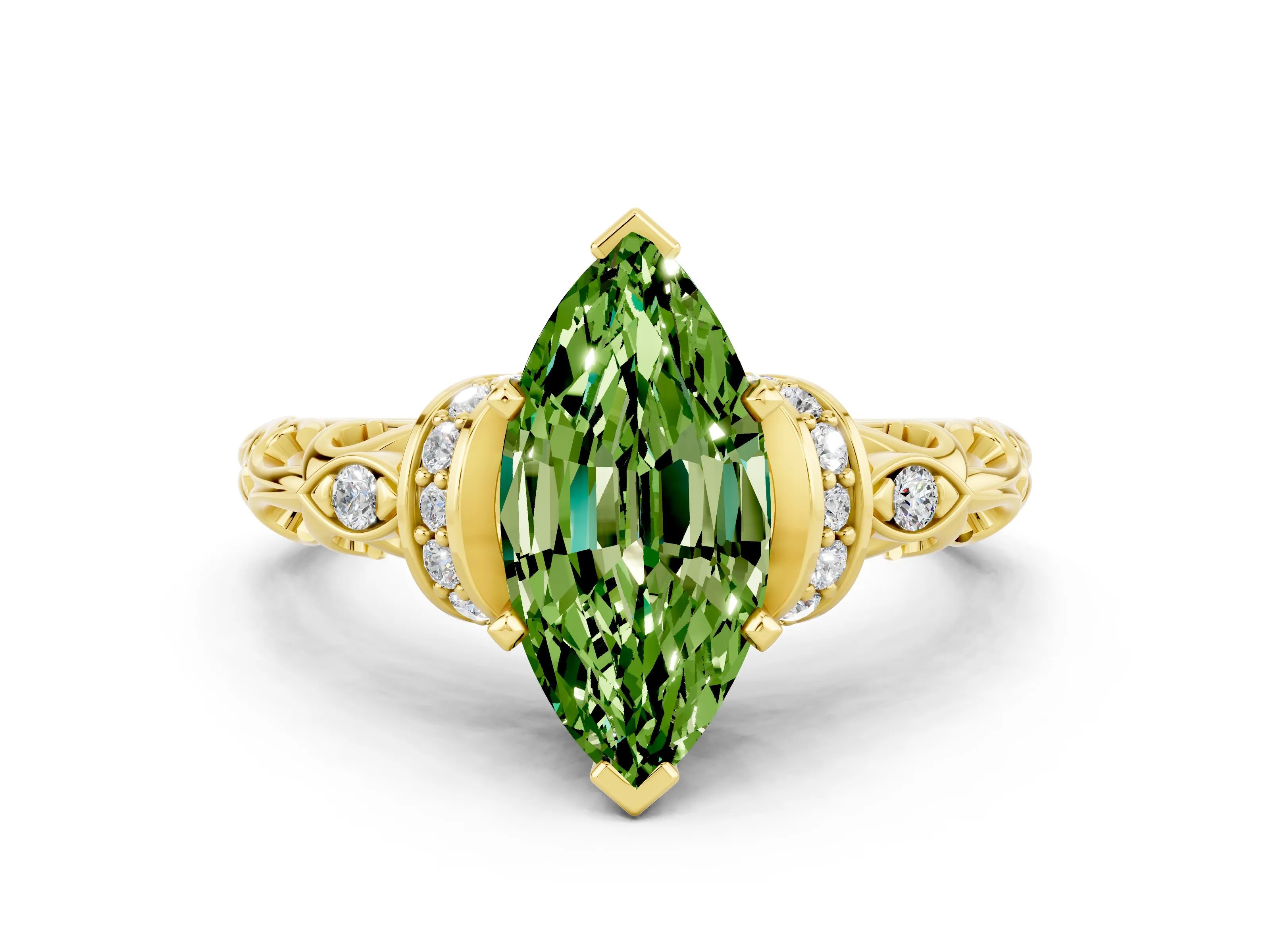 Yellow gold Marquise Cut Peridot Solitaire Ring with Filigree Band and Four-Prong Setting_24