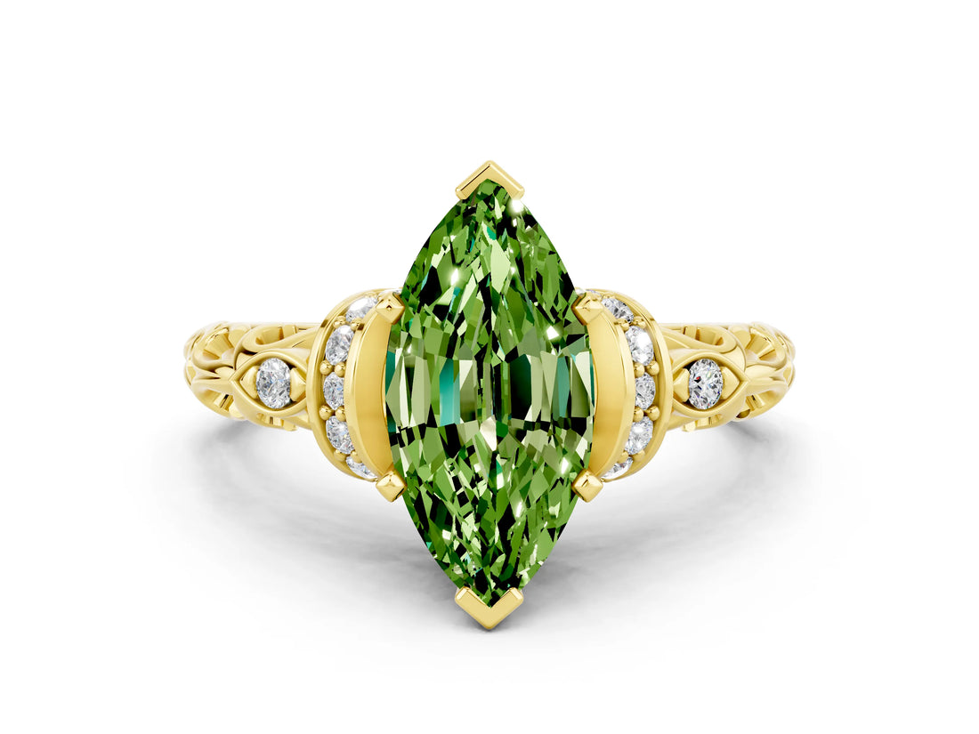 Yellow gold Marquise Cut Peridot Solitaire Ring with Filigree Band and Four-Prong Setting_24