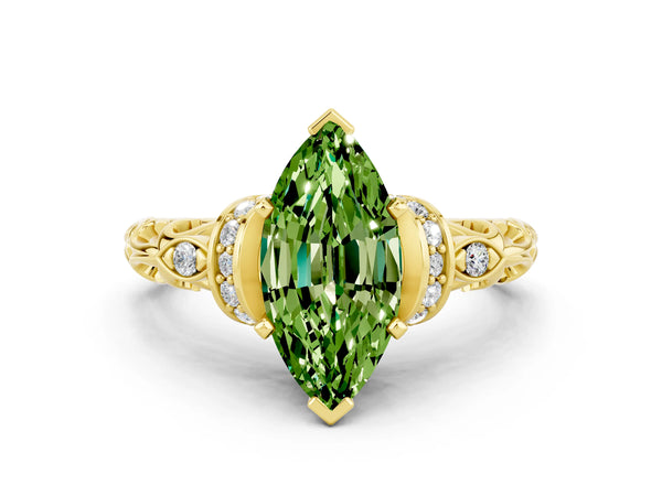 Yellow gold Marquise Cut Peridot Solitaire Ring with Filigree Band and Four-Prong Setting