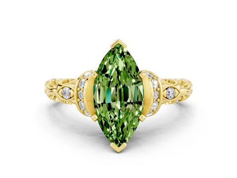 Yellow gold Marquise Cut Peridot Solitaire Ring with Filigree Band and Four-Prong Setting_24