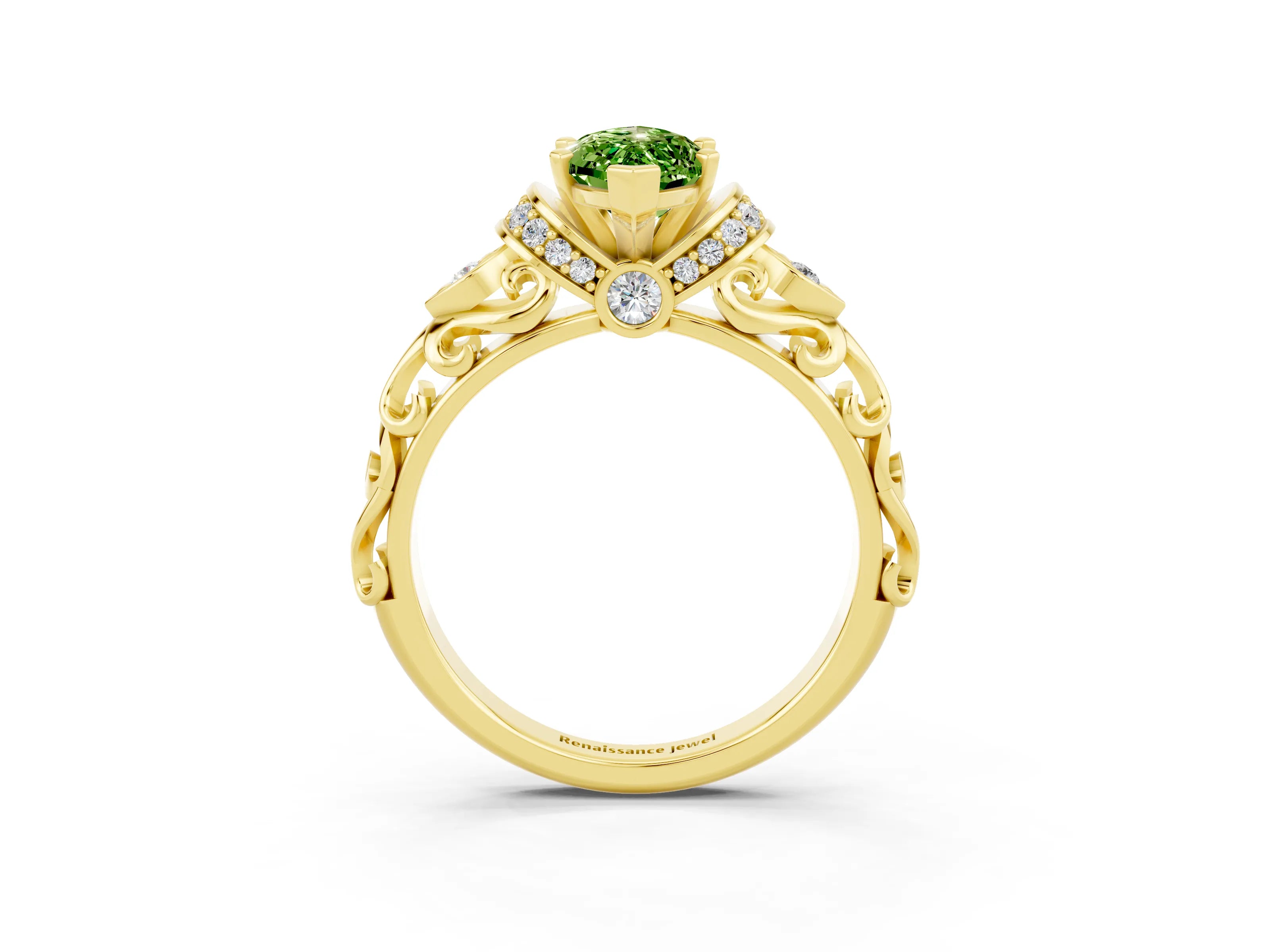 Yellow gold Marquise Cut Peridot Solitaire Ring with Filigree Band and Four-Prong Setting_27