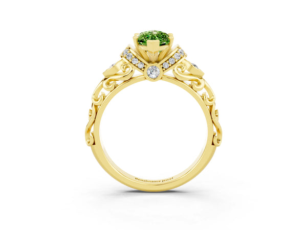 Yellow gold Marquise Cut Peridot Solitaire Ring with Filigree Band and Four-Prong Setting
