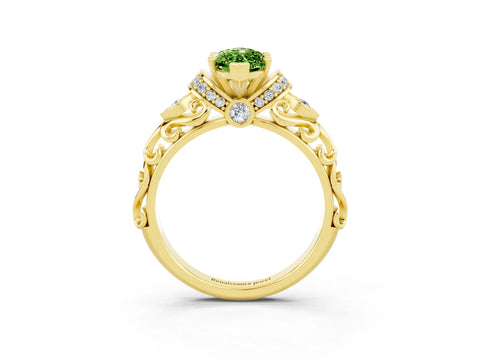 Yellow gold Marquise Cut Peridot Solitaire Ring with Filigree Band and Four-Prong Setting_27