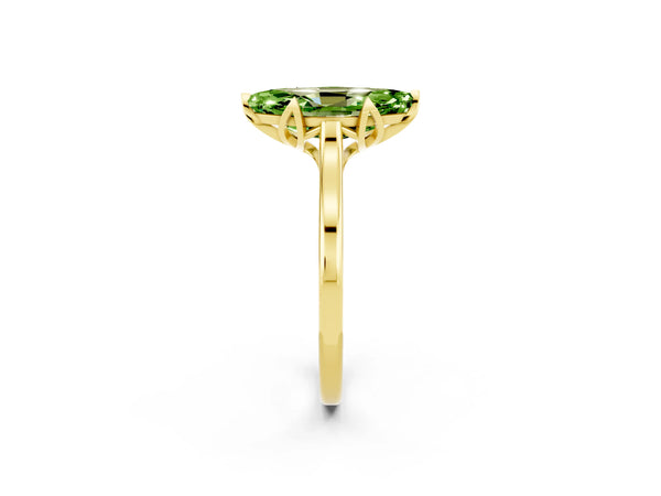 Yellow gold Marquise Cut Peridot Solitaire Ring with Flower Prong Setting and Classic Band
