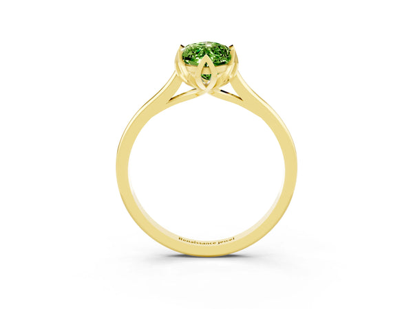 Yellow gold Marquise Cut Peridot Solitaire Ring with Flower Prong Setting and Classic Band