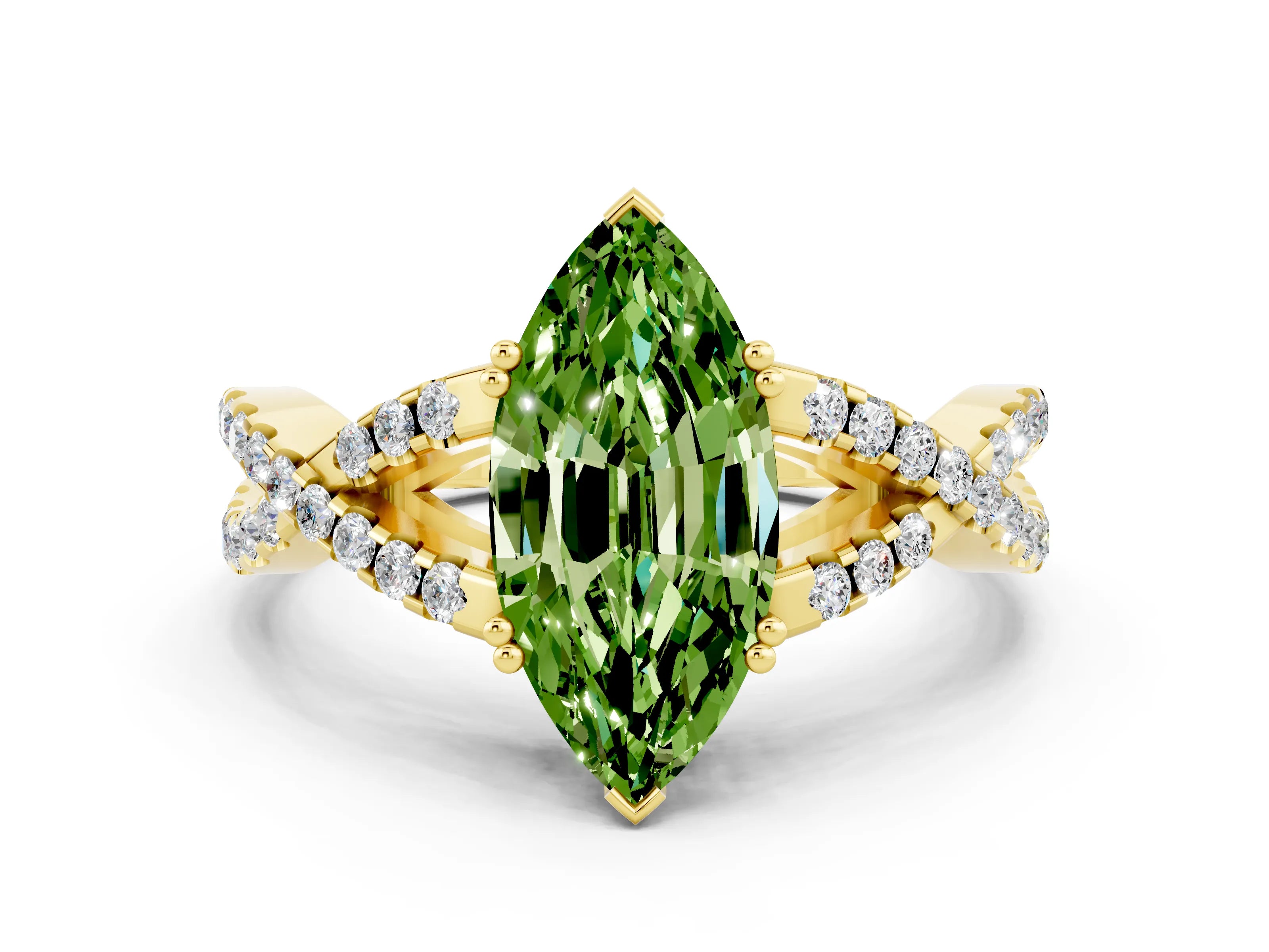 Yellow gold Marquise Cut Peridot Solitaire Ring with Four-Prong Setting and Twisted Pavé Band