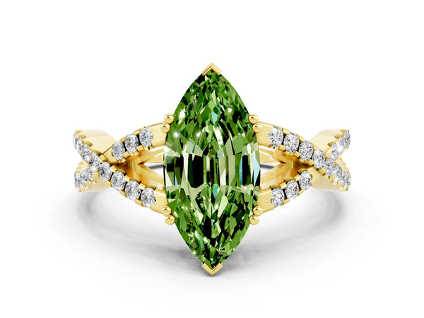 Yellow gold Marquise Cut Peridot Solitaire Ring with Four-Prong Setting and Twisted Pavé Band