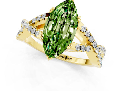 Yellow gold Marquise Cut Peridot Solitaire Ring with Four-Prong Setting and Twisted Pavé Band_1