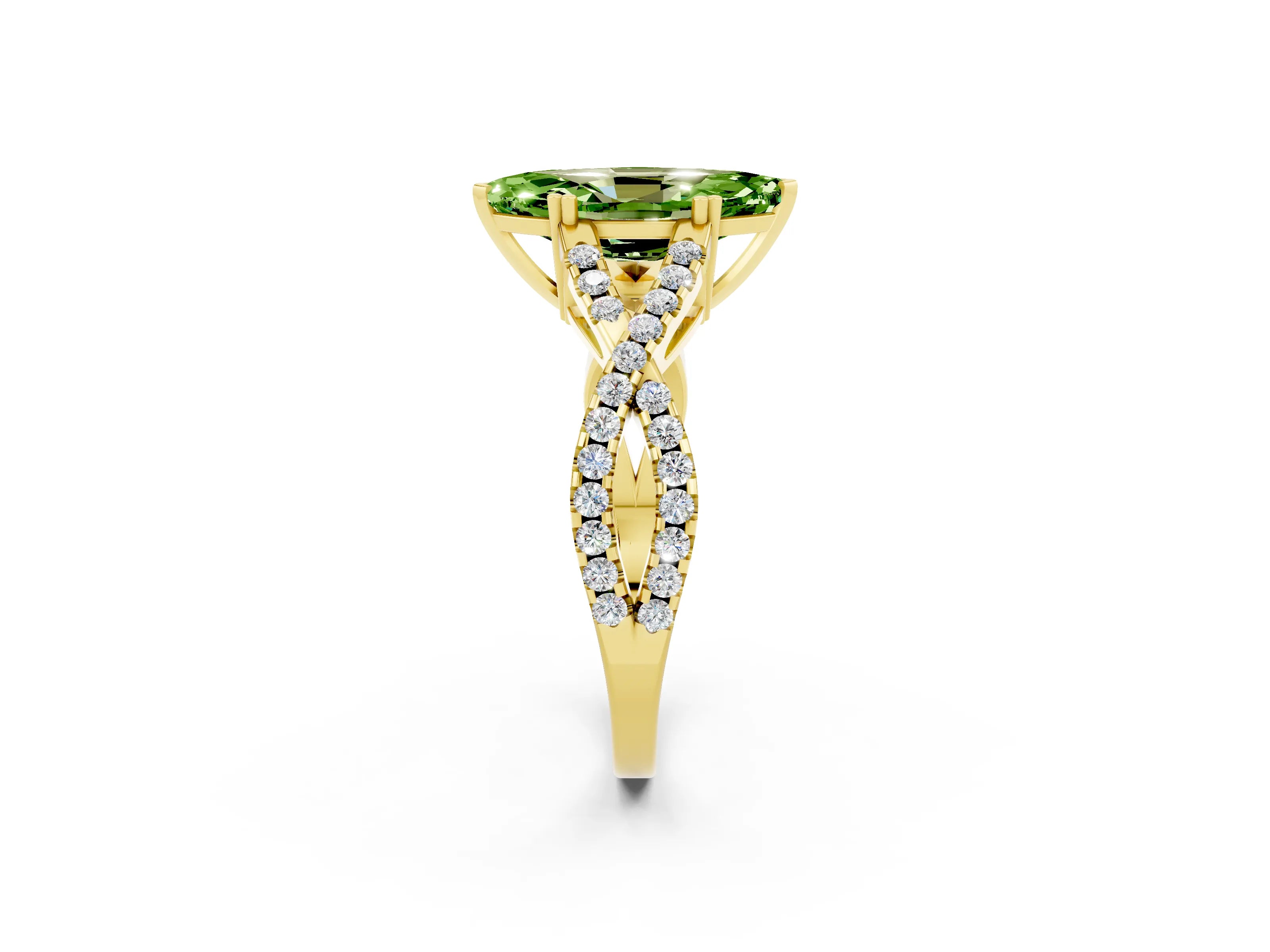 Yellow gold Marquise Cut Peridot Solitaire Ring with Four-Prong Setting and Twisted Pavé Band_2