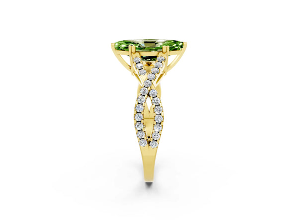 Yellow gold Marquise Cut Peridot Solitaire Ring with Four-Prong Setting and Twisted Pavé Band