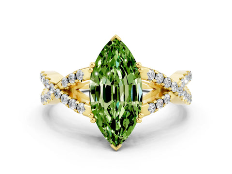 Yellow gold Marquise Cut Peridot Solitaire Ring with Four-Prong Setting and Twisted Pavé Band