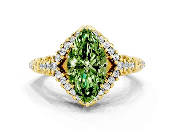 Yellow gold Marquise Cut Peridot Solitaire Ring with Hidden Halo and Pavé Band
