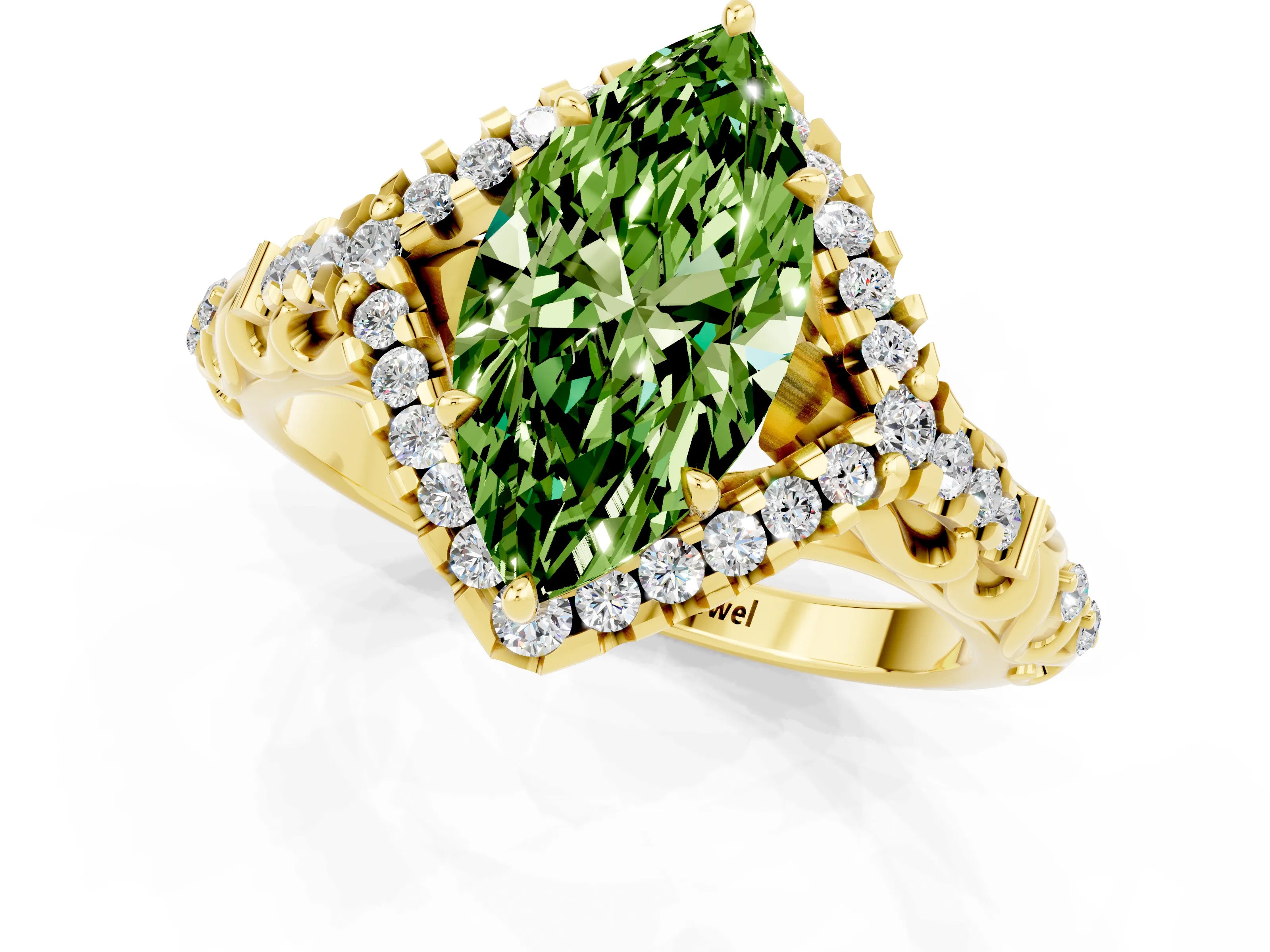 Yellow gold Marquise Cut Peridot Solitaire Ring with Hidden Halo and Pavé Band_13