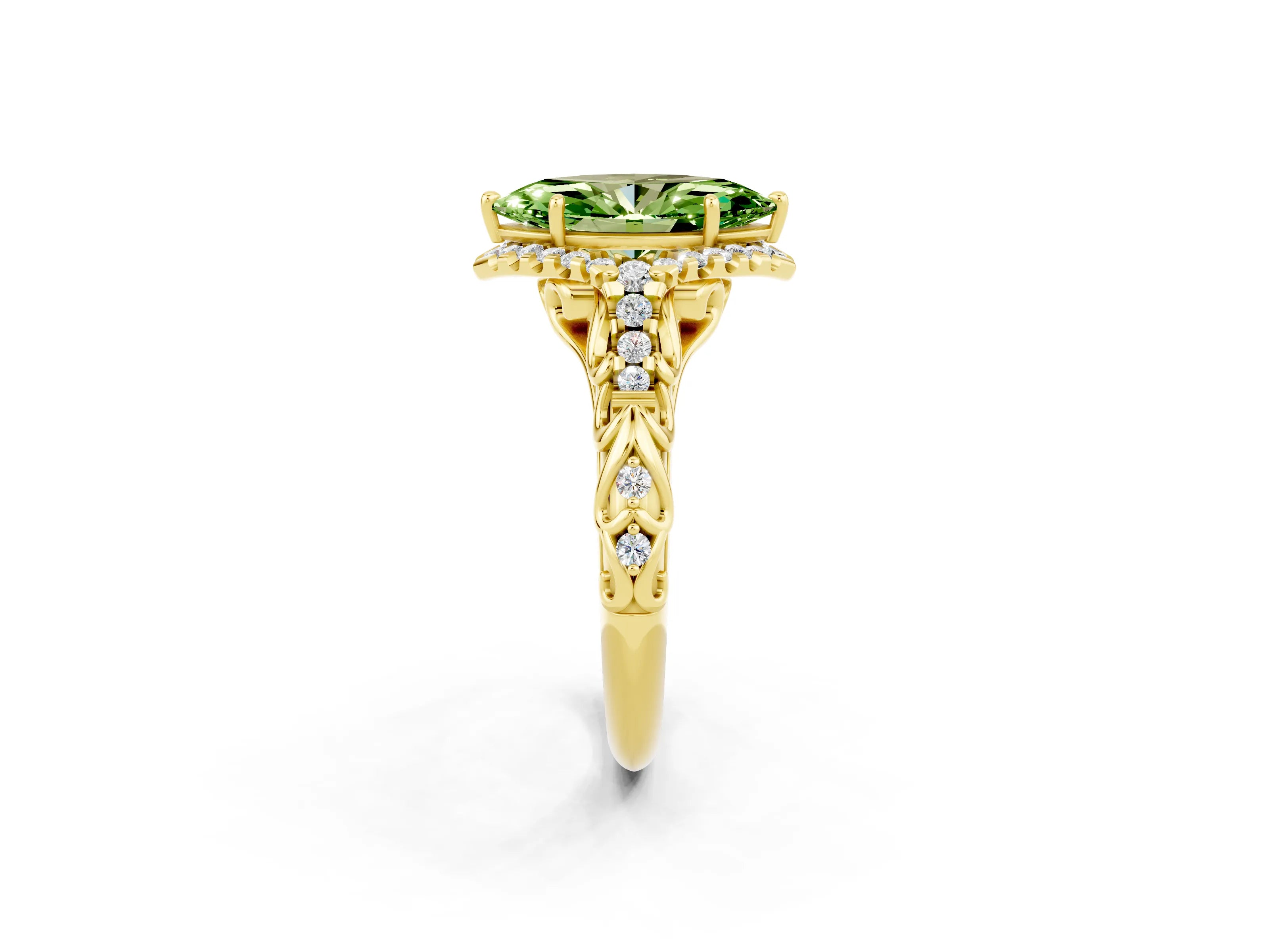 Yellow gold Marquise Cut Peridot Solitaire Ring with Hidden Halo and Pavé Band_14