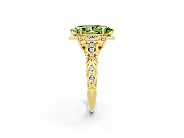 Yellow gold Marquise Cut Peridot Solitaire Ring with Hidden Halo and Pavé Band