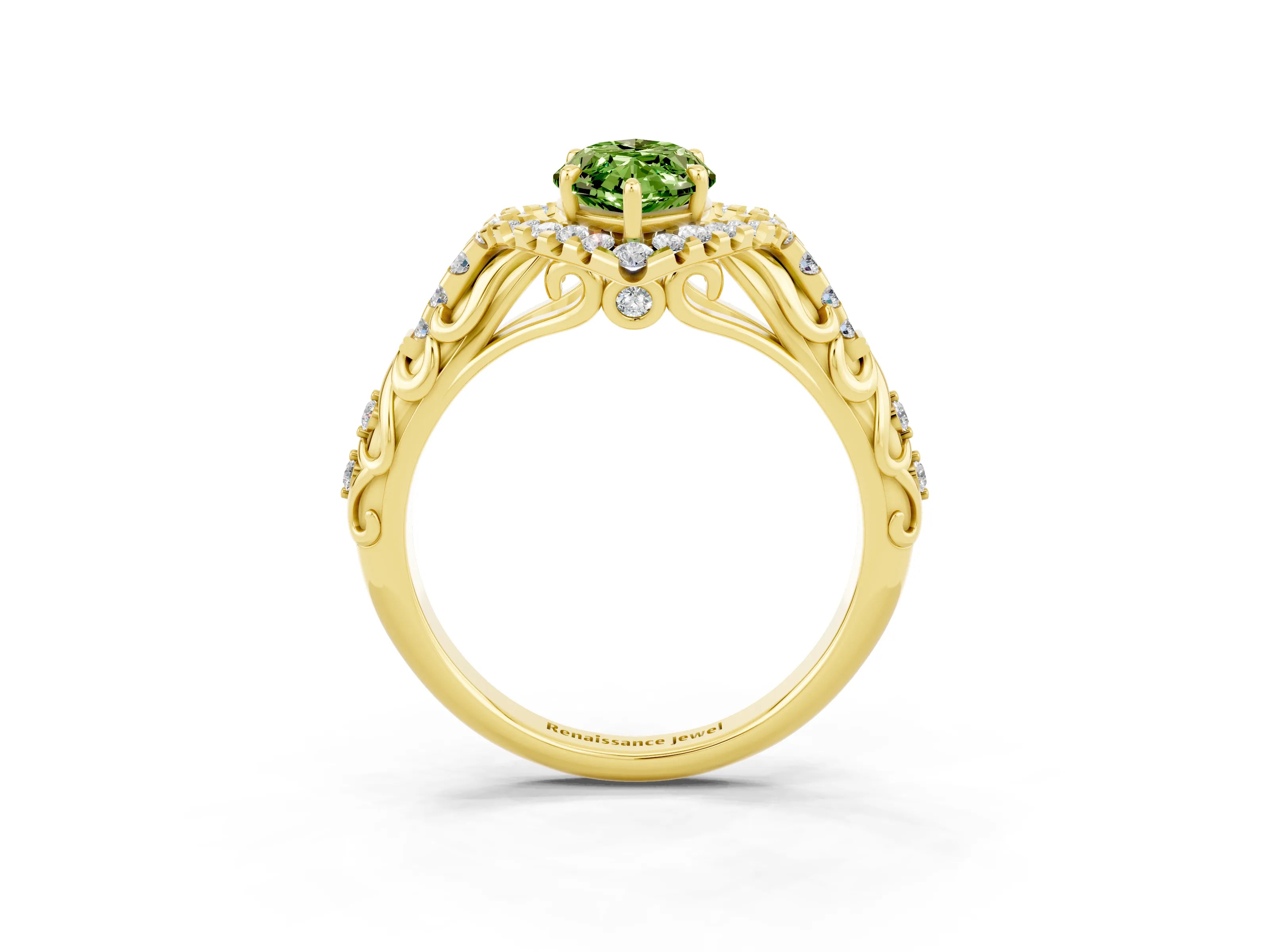 Yellow gold Marquise Cut Peridot Solitaire Ring with Hidden Halo and Pavé Band_15