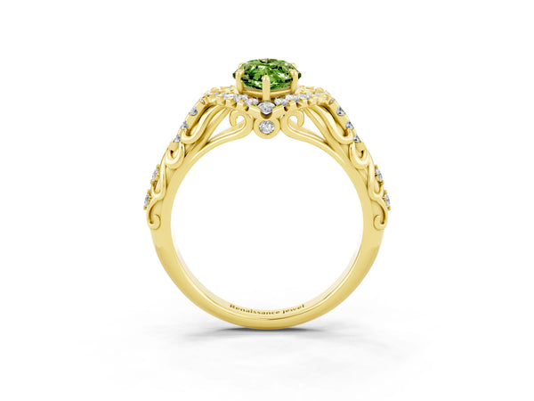 Yellow gold Marquise Cut Peridot Solitaire Ring with Hidden Halo and Pavé Band