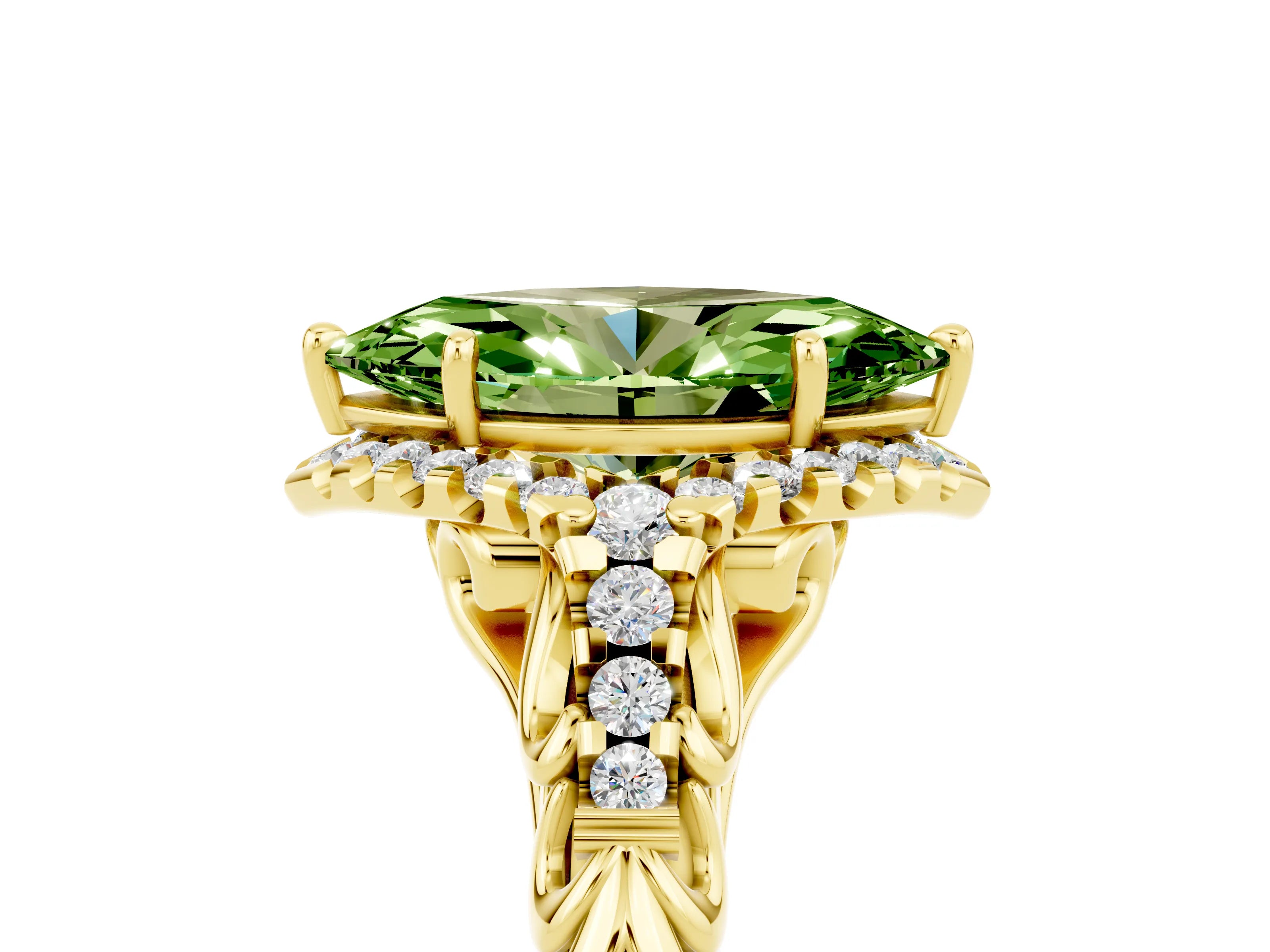Yellow gold Marquise Cut Peridot Solitaire Ring with Hidden Halo and Pavé Band_17