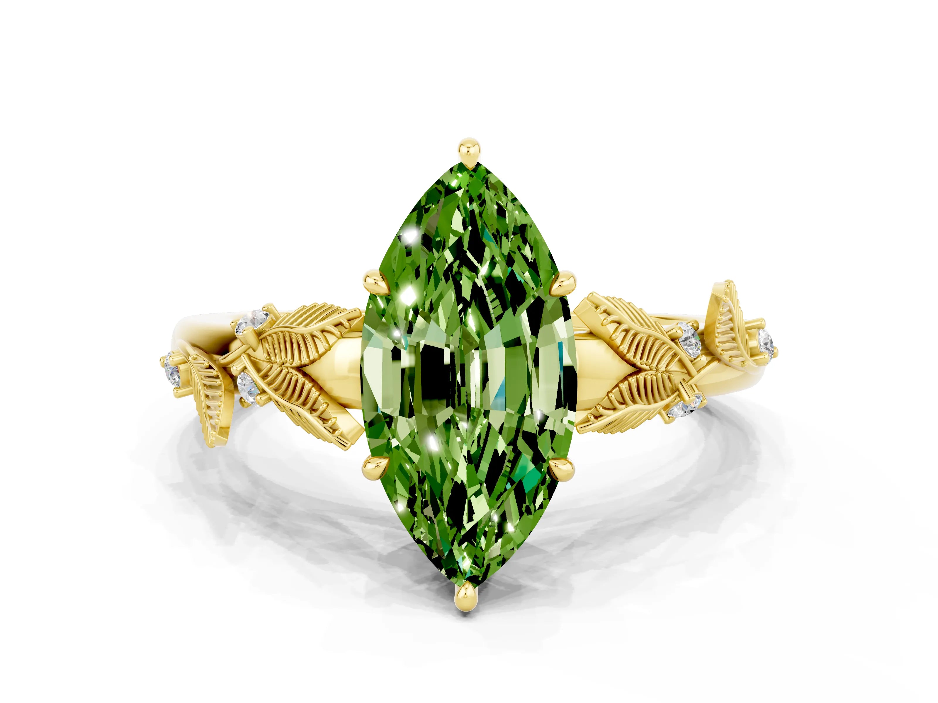 Yellow gold Marquise Cut Peridot Solitaire Ring with Leaf Motif Band and Four-Prong Setting