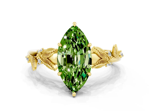 Yellow gold Marquise Cut Peridot Solitaire Ring with Leaf Motif Band and Four-Prong Setting