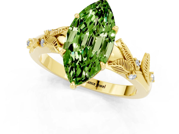 Yellow gold Marquise Cut Peridot Solitaire Ring with Leaf Motif Band and Four-Prong Setting