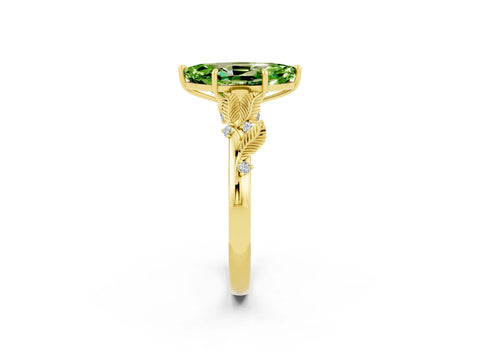 Yellow gold Marquise Cut Peridot Solitaire Ring with Leaf Motif Band and Four-Prong Setting_2