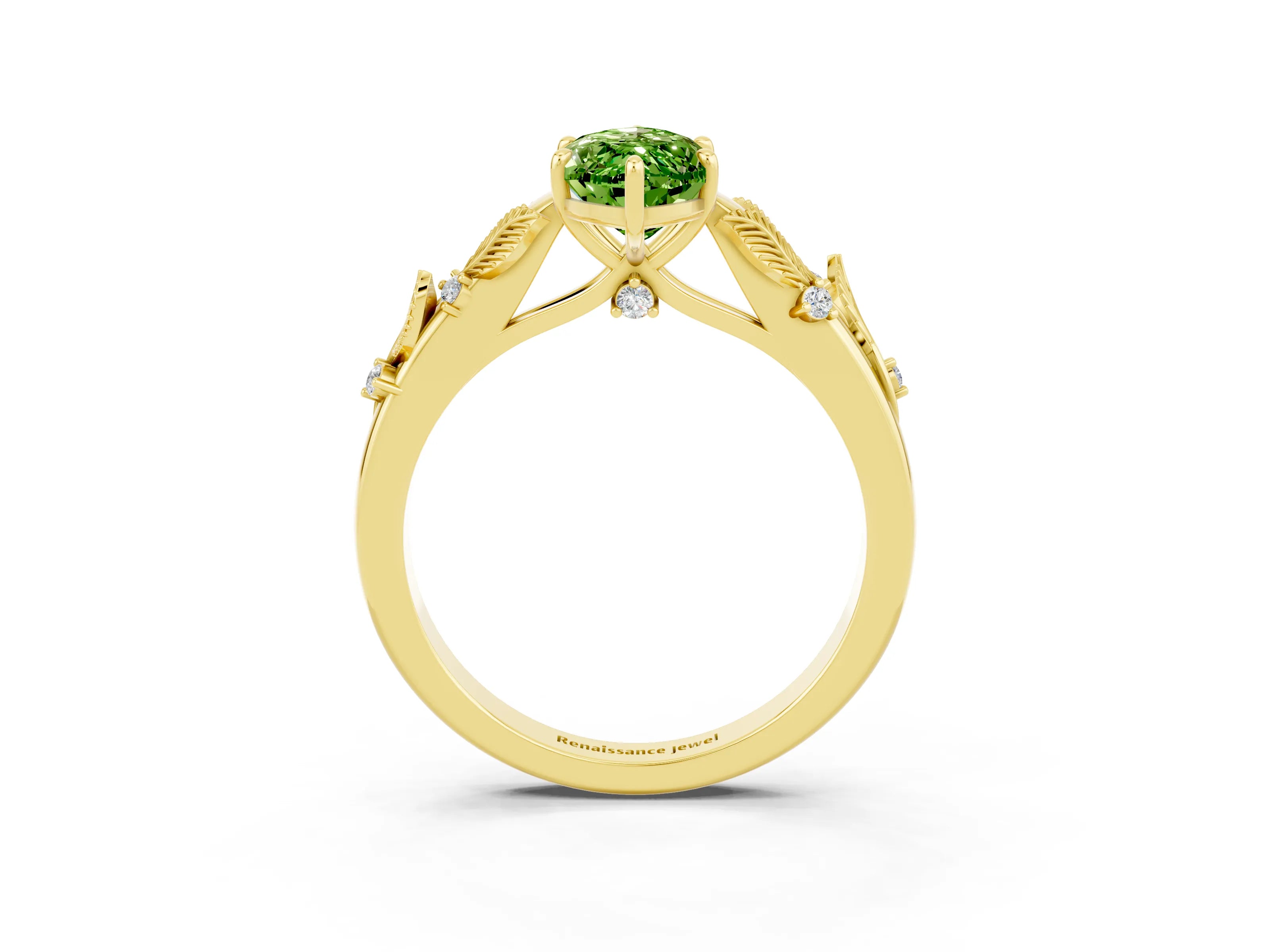 Yellow gold Marquise Cut Peridot Solitaire Ring with Leaf Motif Band and Four-Prong Setting_3