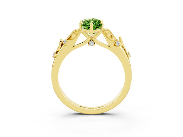 Yellow gold Marquise Cut Peridot Solitaire Ring with Leaf Motif Band and Four-Prong Setting
