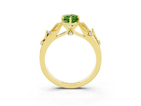 Yellow gold Marquise Cut Peridot Solitaire Ring with Leaf Motif Band and Four-Prong Setting_3