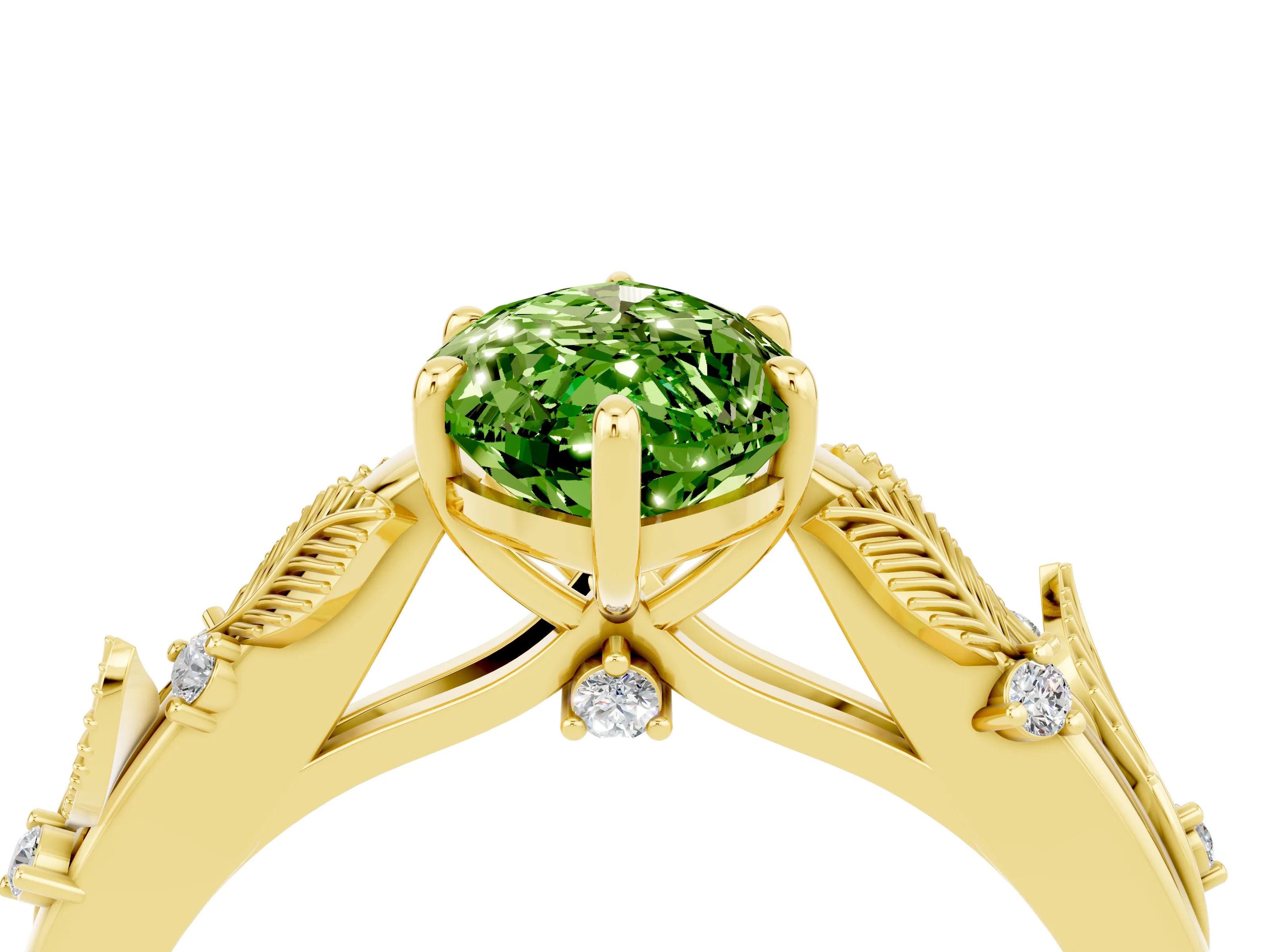 Yellow gold Marquise Cut Peridot Solitaire Ring with Leaf Motif Band and Four-Prong Setting_4