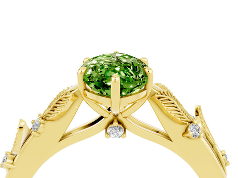 Yellow gold Marquise Cut Peridot Solitaire Ring with Leaf Motif Band and Four-Prong Setting_4