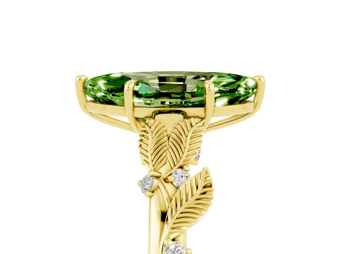 Yellow gold Marquise Cut Peridot Solitaire Ring with Leaf Motif Band and Four-Prong Setting_5