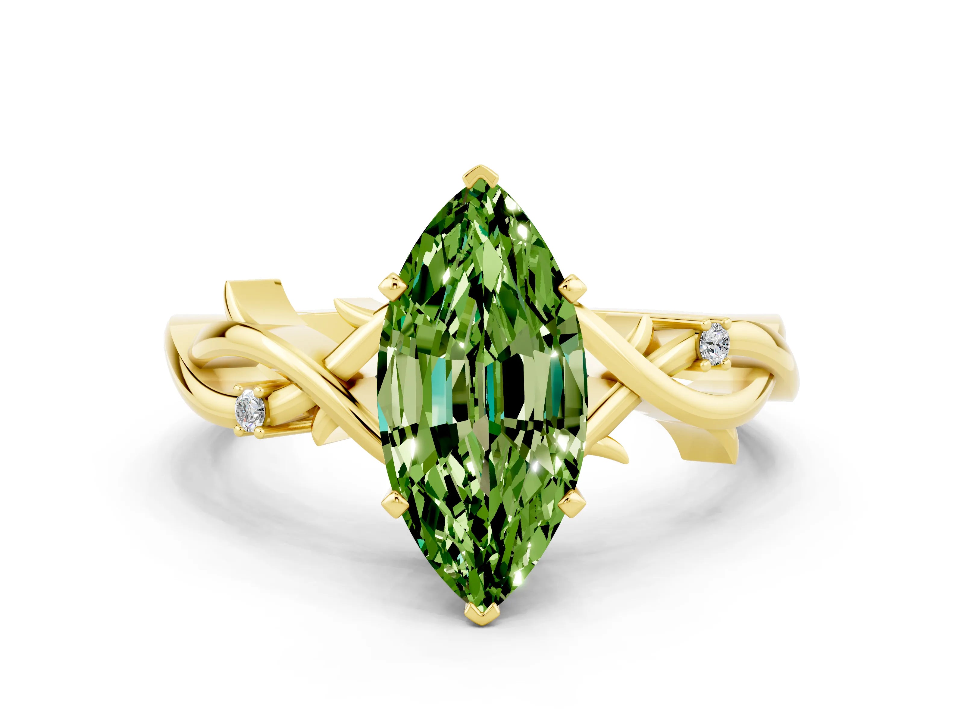 Yellow gold Marquise Cut Peridot Solitaire Ring with Milgrain Pavé Band and Four-Prong Setting_12