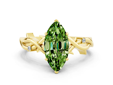 Yellow gold Marquise Cut Peridot Solitaire Ring with Milgrain Pavé Band and Four-Prong Setting_12