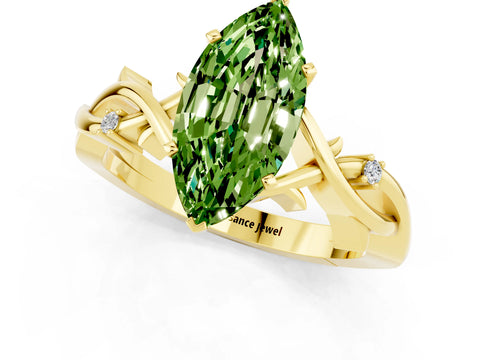 Yellow gold Marquise Cut Peridot Solitaire Ring with Milgrain Pavé Band and Four-Prong Setting_13