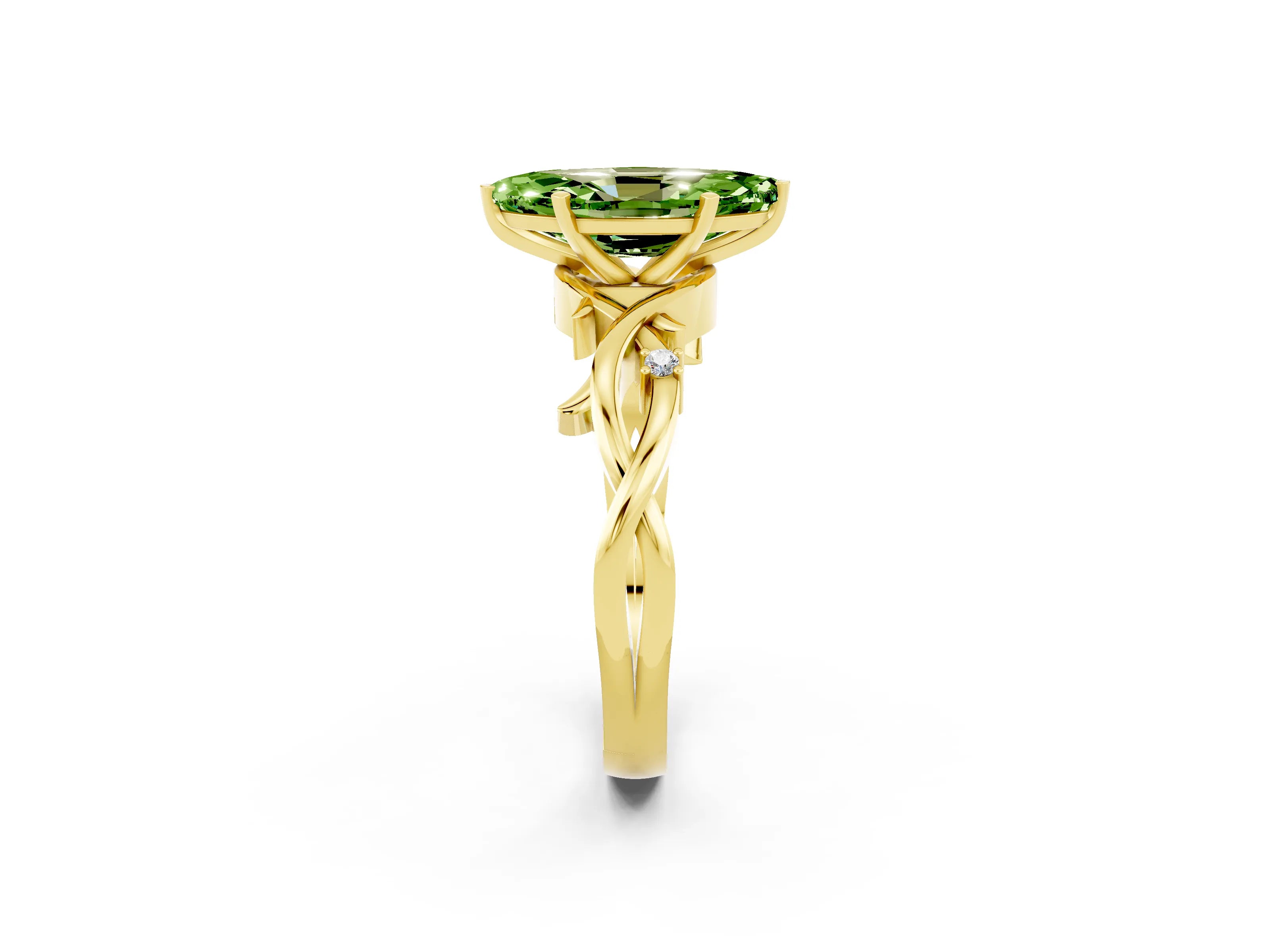 Yellow gold Marquise Cut Peridot Solitaire Ring with Milgrain Pavé Band and Four-Prong Setting_14