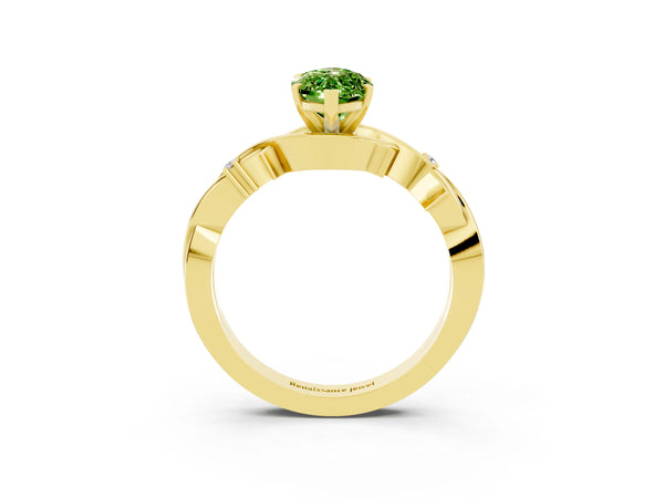 Yellow gold Marquise Cut Peridot Solitaire Ring with Milgrain Pavé Band and Four-Prong Setting