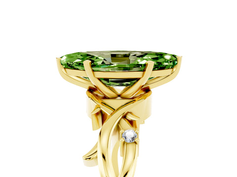 Yellow gold Marquise Cut Peridot Solitaire Ring with Milgrain Pavé Band and Four-Prong Setting_17