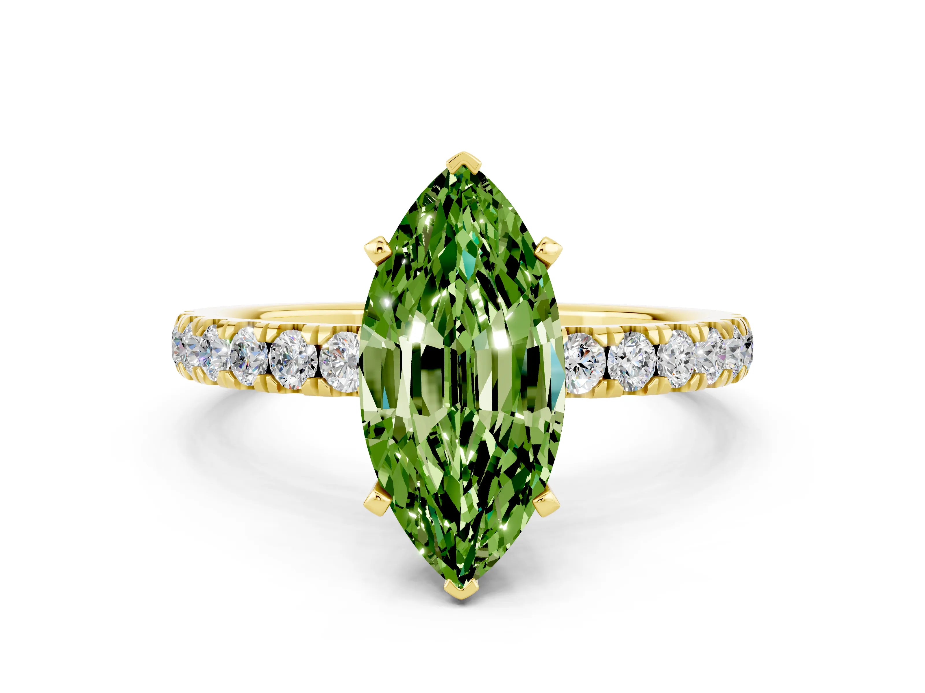 Yellow gold Marquise Cut Peridot Solitaire Ring with Pavé Accents and Four-Prong Setting